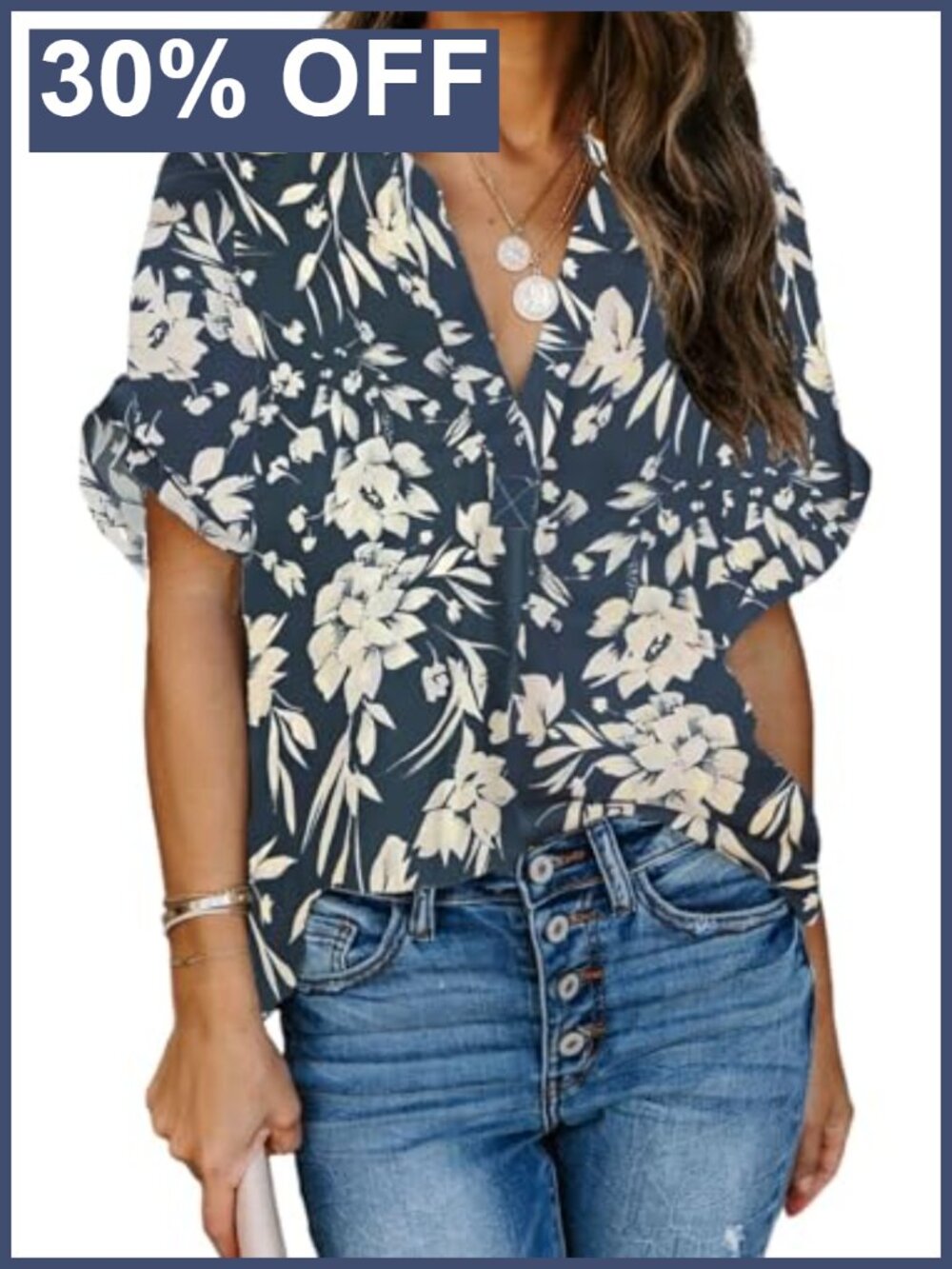 Women's Chiffon Blouse Short Sleeve V Neck Loose Tunic Top